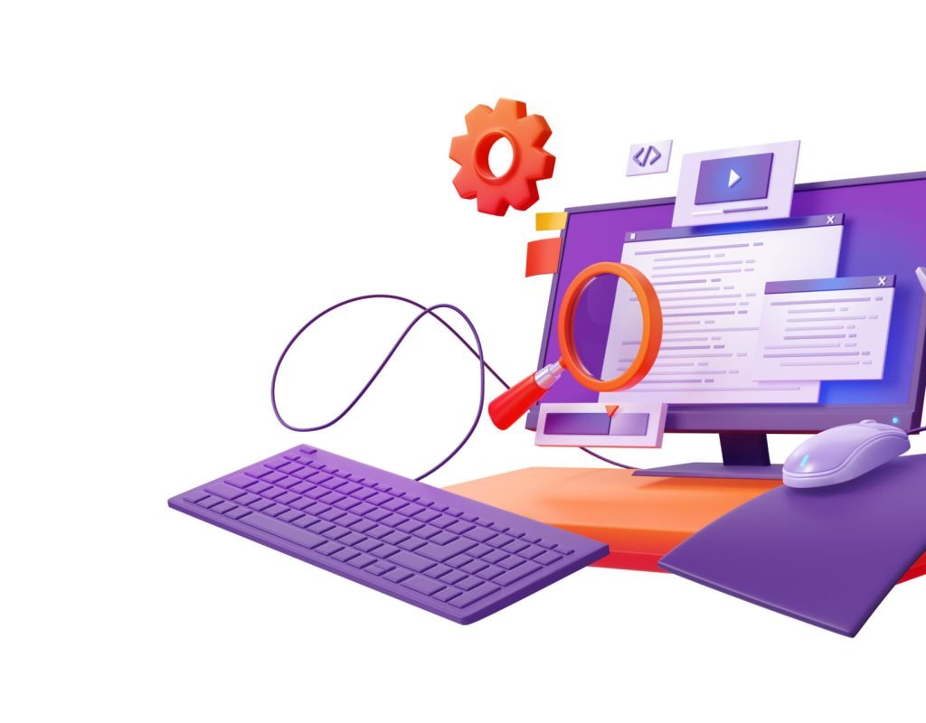 3d render code testing, functional test, programming, search errors and bugs. Website platform development, dashboard usability optimization, computer on desk, magnifier, wrench, Cartoon illustration